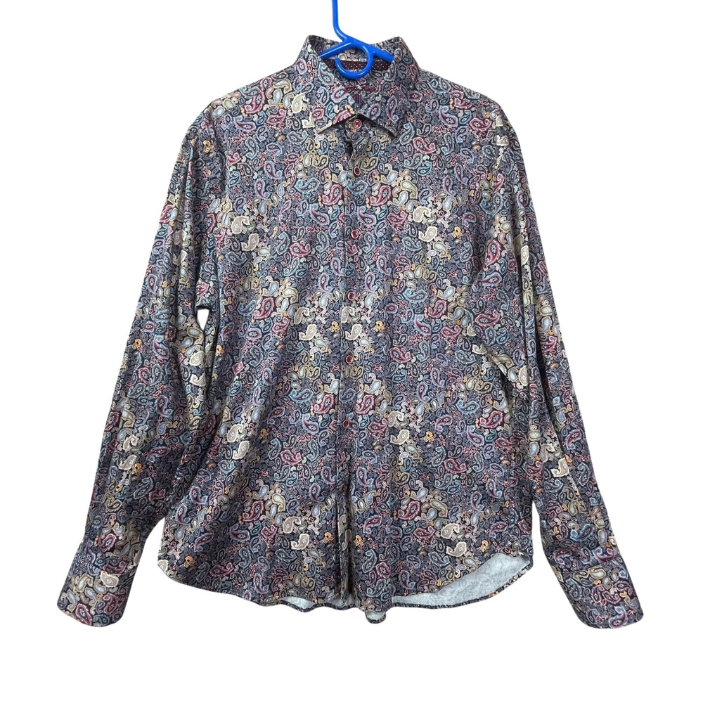 Luchiano Visconti Black Paisley Button Front Shirt Mens XL Colorful Statement